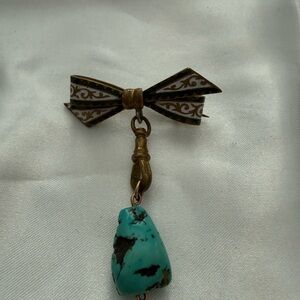 Vintage Bow shaped enameled design broochwith Turquoise Stone